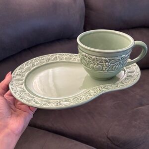 Vintage Made In Portugal Elegant Green Ceramic Snack Plate & Cup